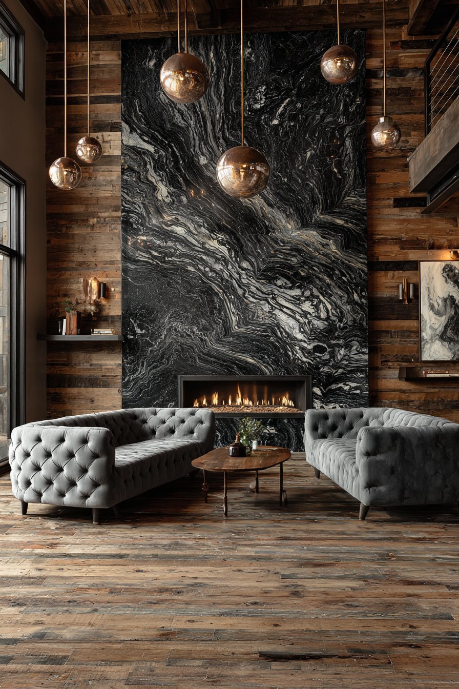 Black marble fireplace with white veining, taupe-grey walls, grey velvet loveseat and bronze pendants