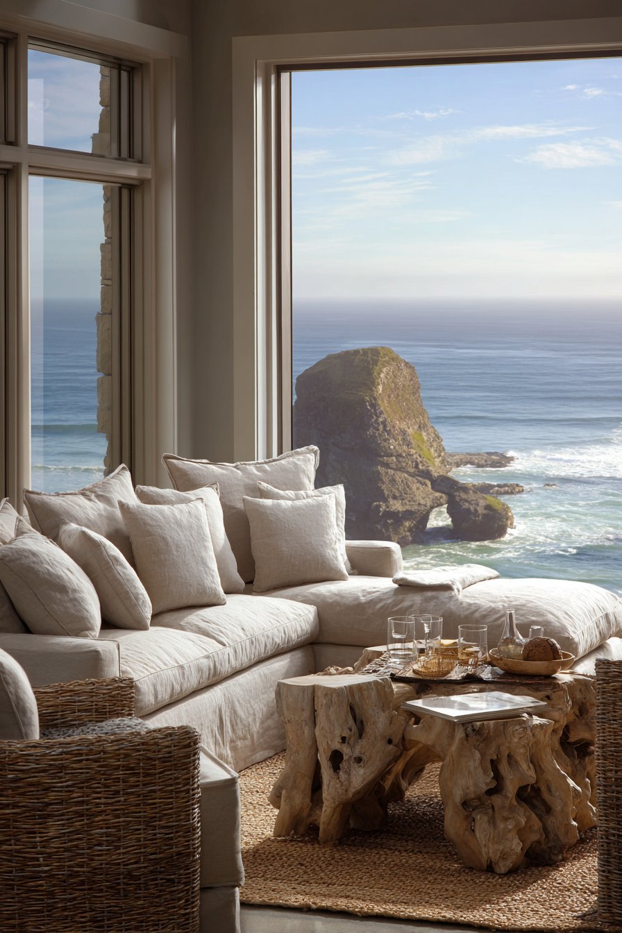 Coastal neutral living room with sand linen sectional, driftwood coffee table and rattan accent chairs