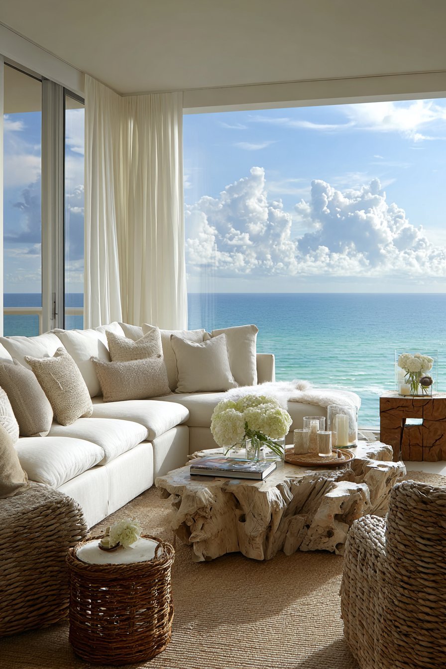Coastal neutral living room with sand linen sectional, driftwood coffee table and rattan accent chairs
