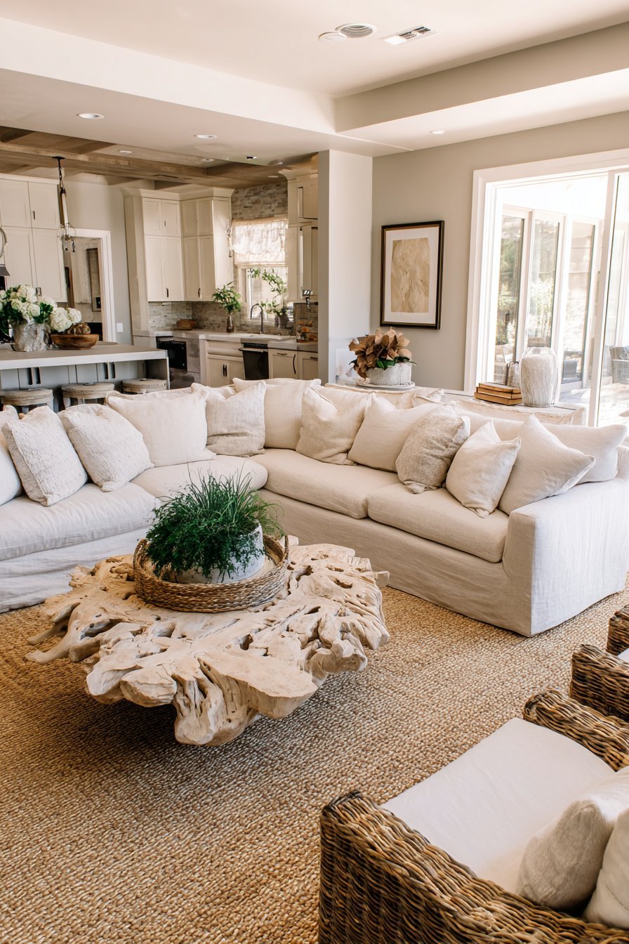 Coastal neutral living room with sand linen sectional, driftwood coffee table and rattan accent chairs