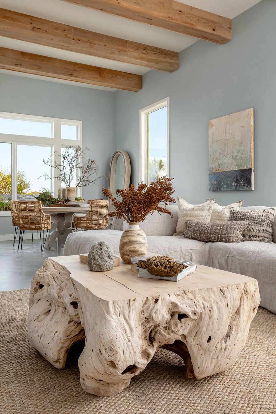 Coastal neutral living room with sand linen sectional, driftwood coffee table and rattan accent chairs