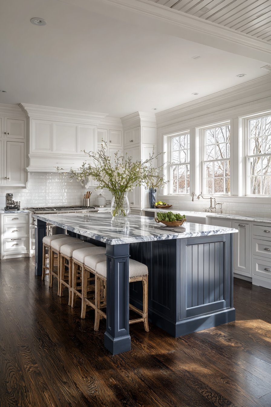 Navy beadboard island with thick marble top, white raised-panel cabinets, pot filler and dark-stained oak floor