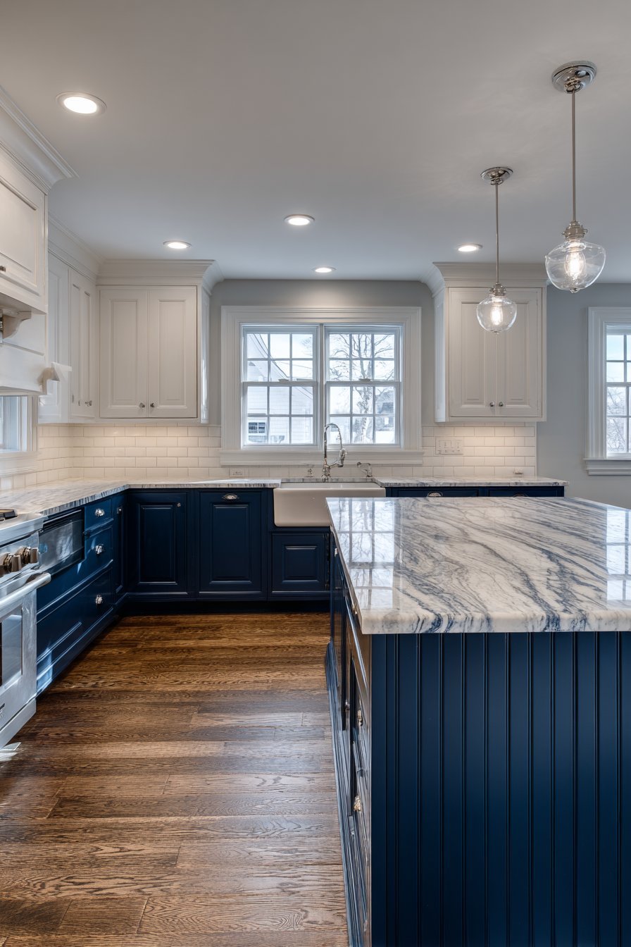 Navy beadboard island with thick marble top, white raised-panel cabinets, pot filler and dark-stained oak floor