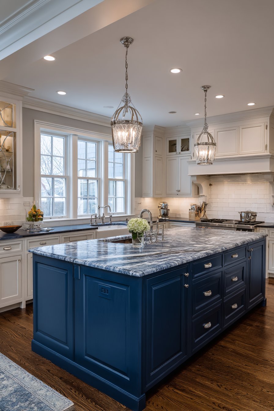 Navy beadboard island with thick marble top, white raised-panel cabinets, pot filler and dark-stained oak floor