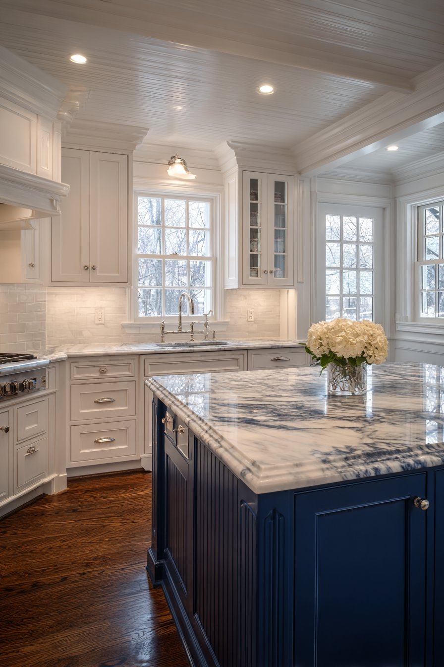 Navy beadboard island with thick marble top, white raised-panel cabinets, pot filler and dark-stained oak floor