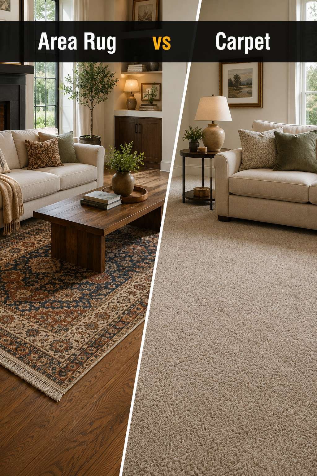 A bright living room split between a textured area rug over hardwood flooring on one side and soft wall-to-wall carpet on the other, illustrating the area rug vs carpet comparison.