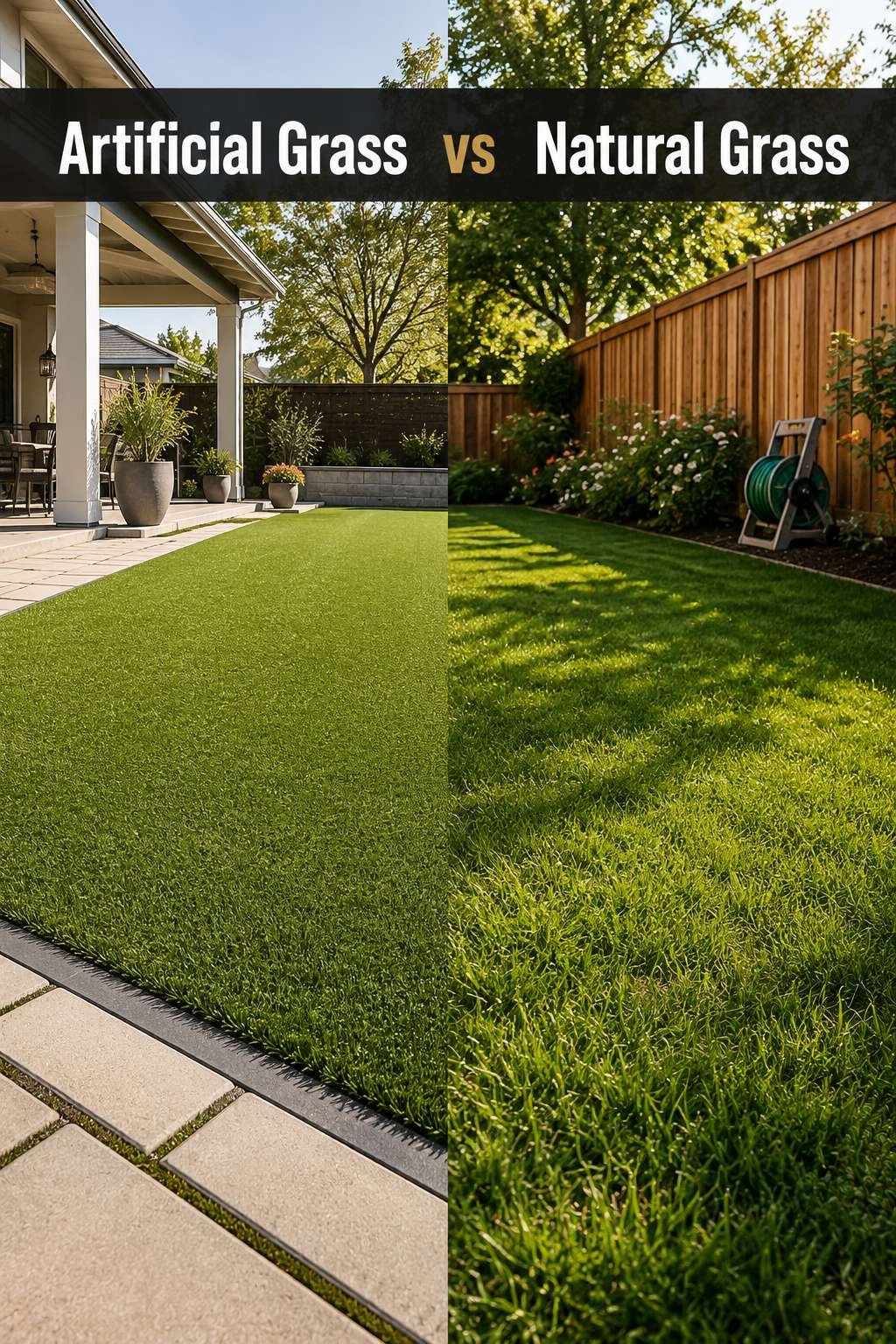 Split-screen comparison of artificial grass versus natural grass lawns in a backyard, illustrating the artificial grass vs natural grass decision homeowners face.