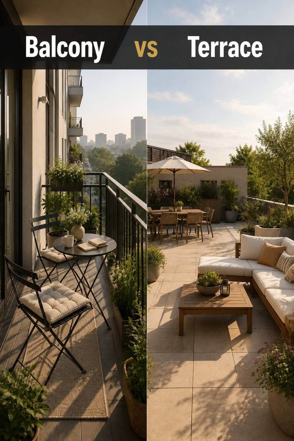 Split-screen comparison of a small elevated apartment balcony beside a spacious ground-level terrace, illustrating the difference in a balcony vs terrace comparison.