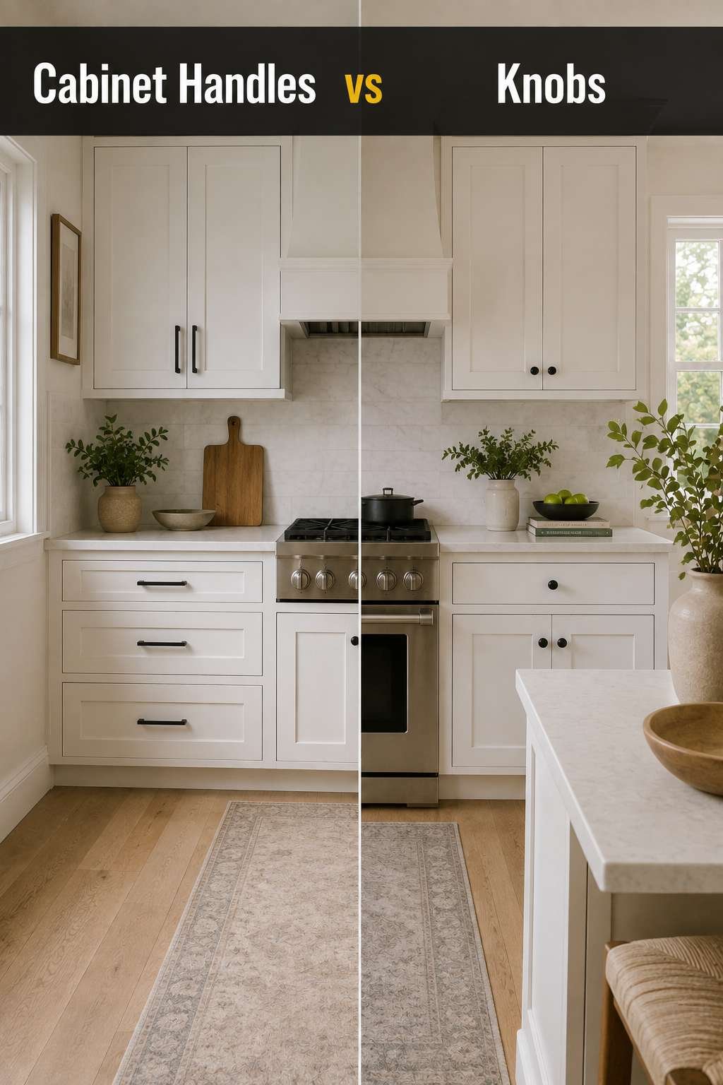 A modern kitchen split to compare cabinet handles vs knobs on matching white shaker cabinet doors.