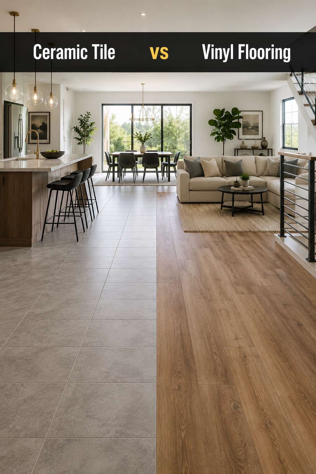 A split-screen comparison of ceramic tile flooring on one side and vinyl flooring on the other side of a bright modern living room.