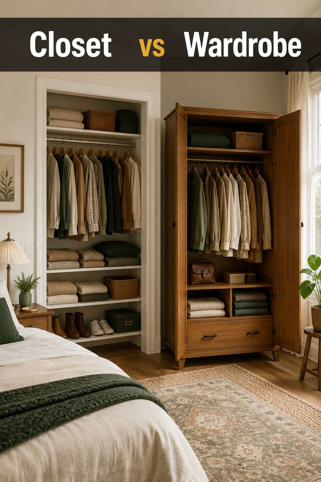 A built-in closet and a freestanding wardrobe styled side by side in a bright bedroom, illustrating the closet vs wardrobe comparison.