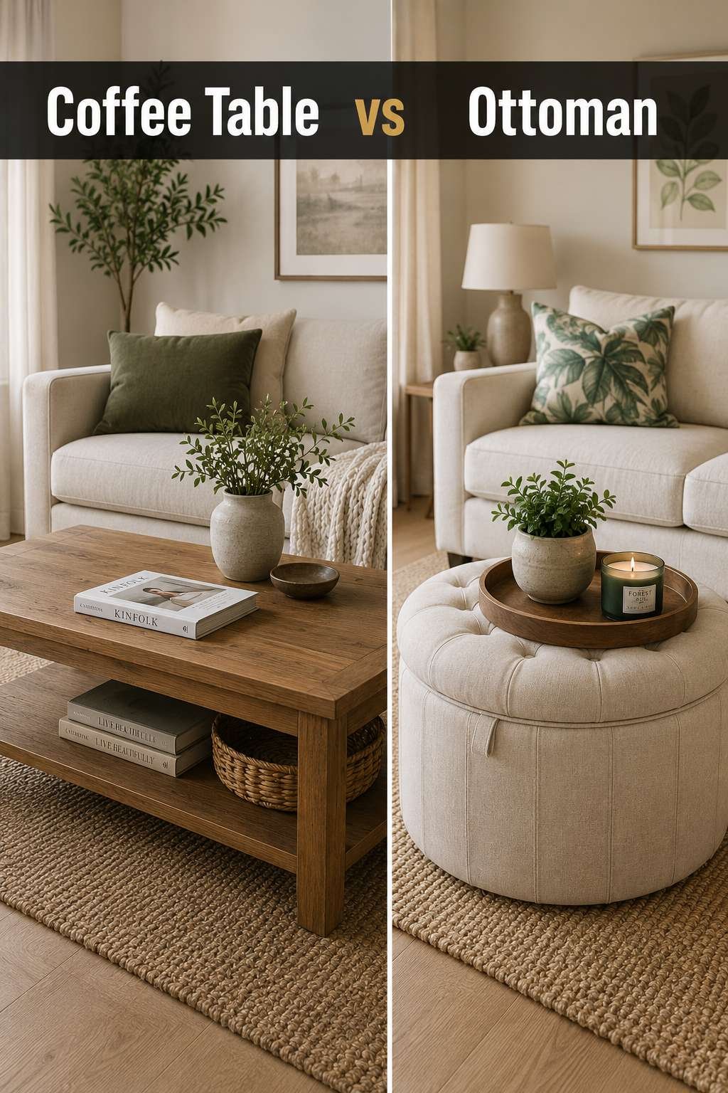 A modern living room split-screen comparing a wooden coffee table on the left with a round tufted storage ottoman on the right, illustrating the coffee table vs ottoman decision.