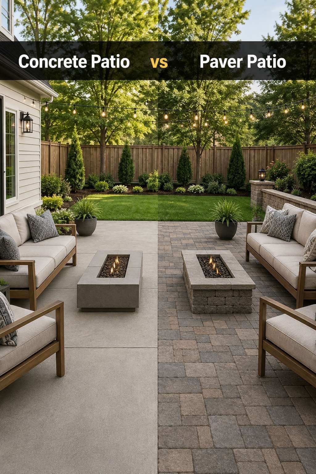 Split-screen comparison of a concrete patio and a paver patio side by side in a backyard setting.