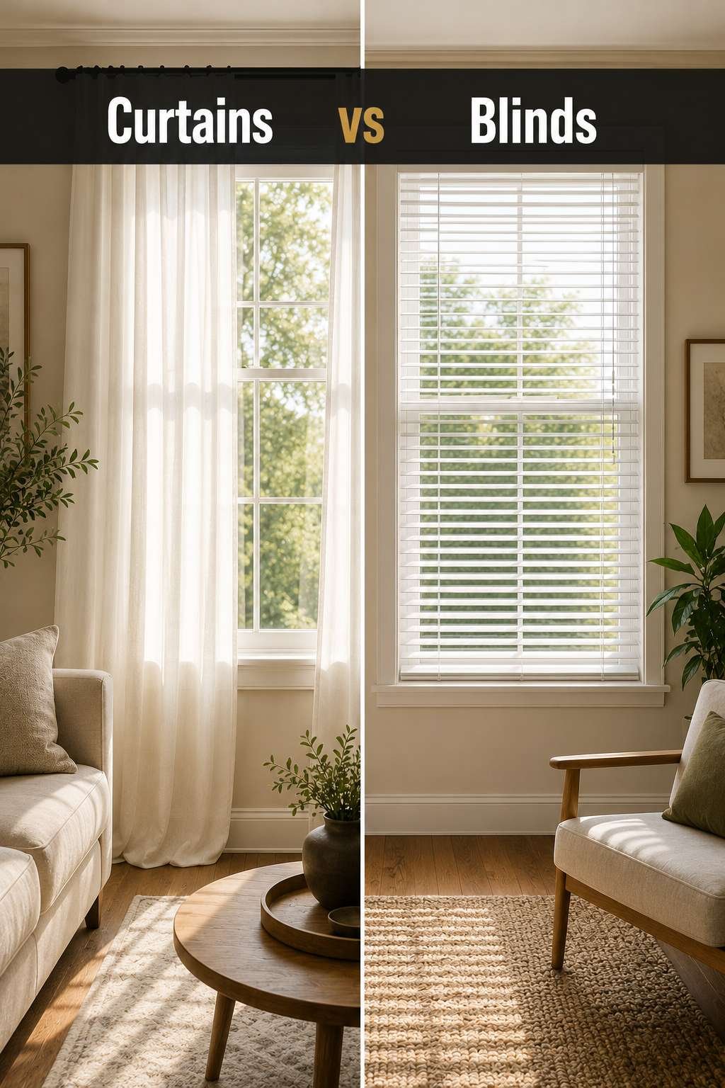 Split-screen comparison of a living room window styled with flowing curtains on one side and venetian blinds on the other, illustrating the curtains vs blinds decision.
