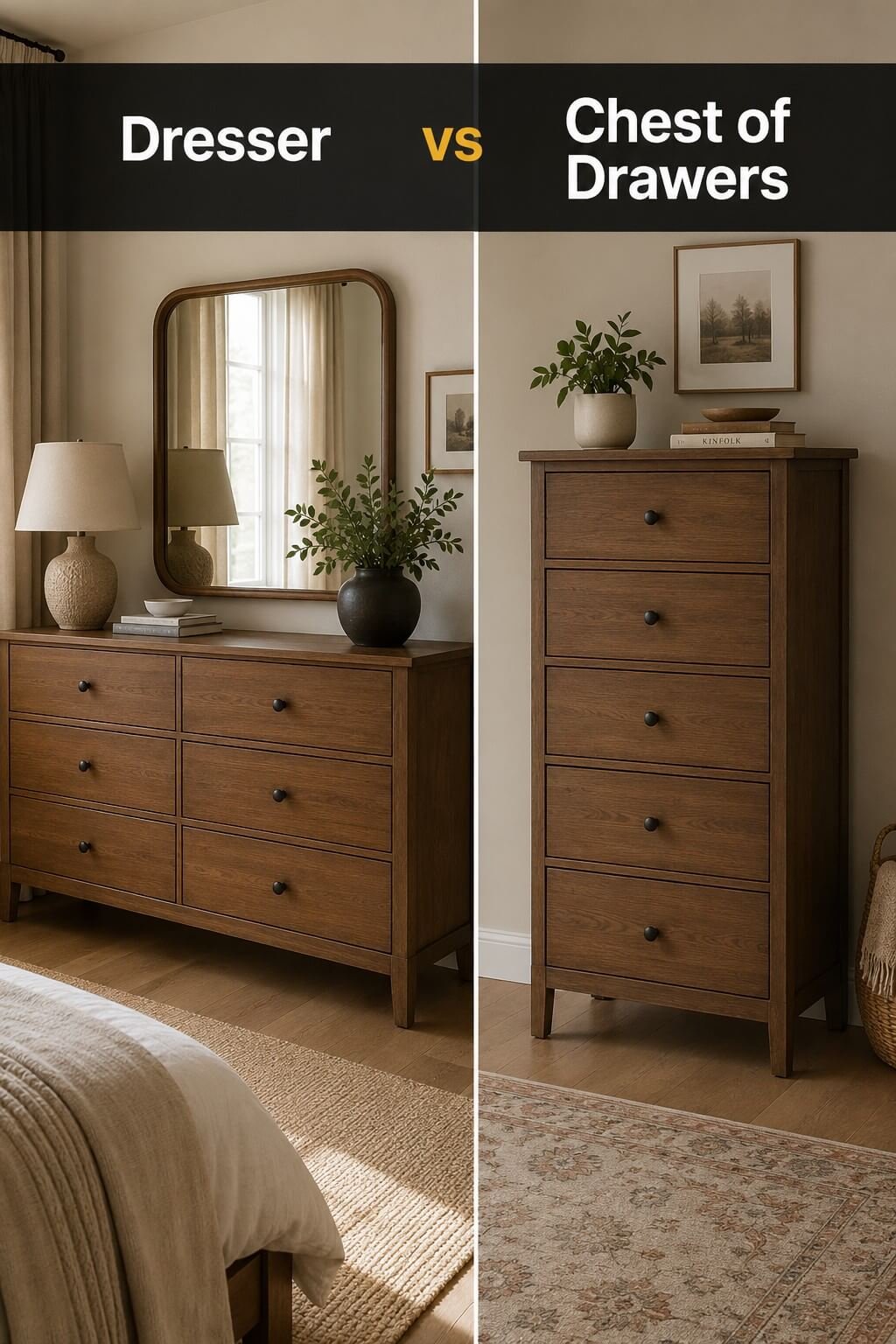 Side-by-side comparison of a wide dresser and a tall chest of drawers showing the size and storage differences between the two furniture types.