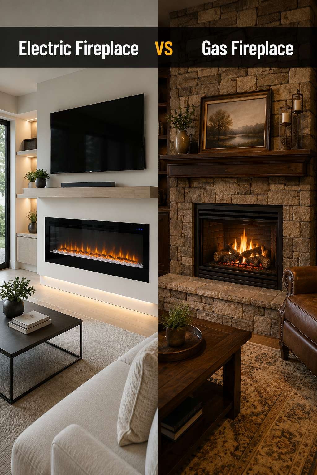Split-screen comparison of a modern electric fireplace and a traditional gas fireplace, illustrating the choice between electric fireplace vs gas fireplace for a home renovation.
