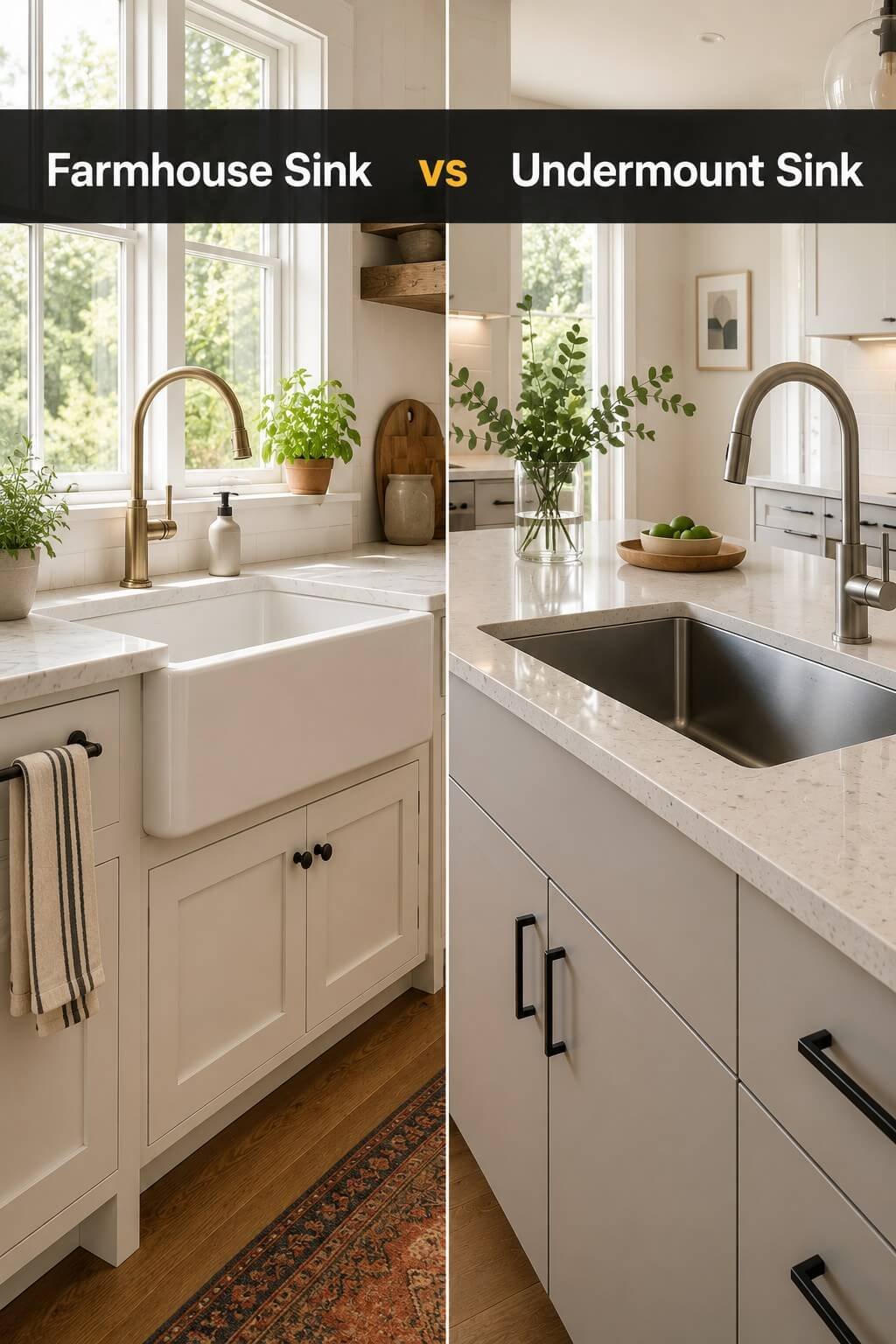 A modern-farmhouse kitchen with a white apron-front farmhouse sink shown beside a contemporary kitchen with a seamless stainless undermount sink, illustrating the farmhouse sink vs undermount sink comparison.