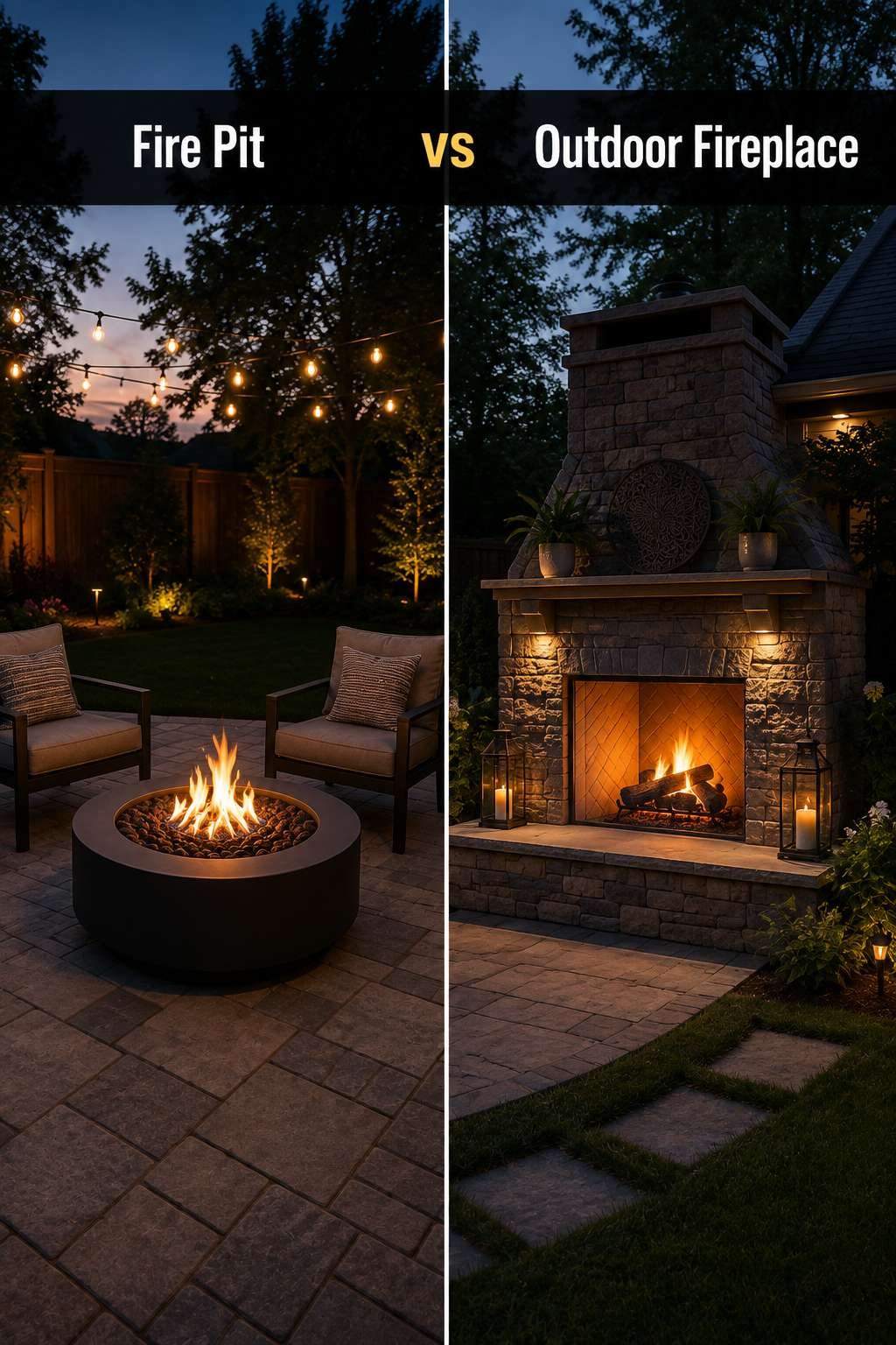 A modern fire pit and a built-in stone outdoor fireplace glowing side by side at dusk, illustrating the fire pit vs outdoor fireplace comparison.