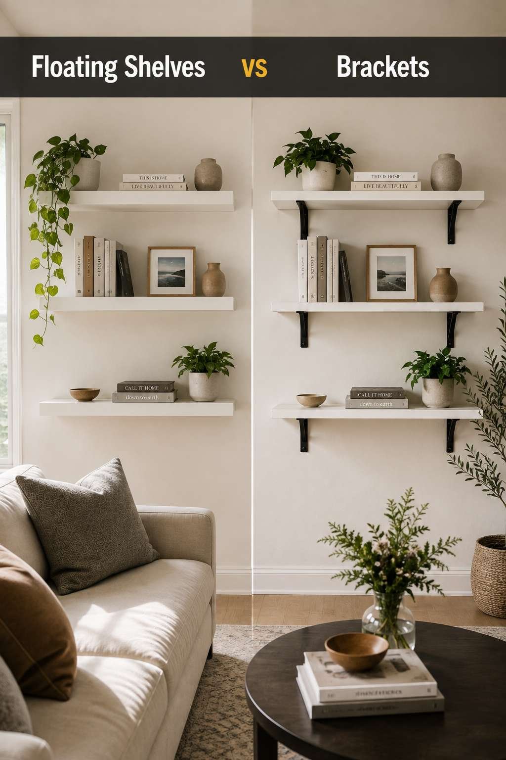 Side-by-side comparison of floating shelves and bracket shelves mounted on a living room wall, illustrating floating shelves vs brackets.