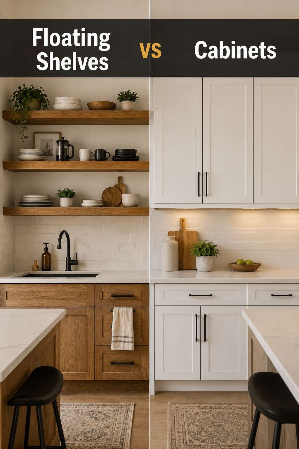 A modern kitchen wall split to compare floating shelves on the left with closed cabinets on the right, illustrating the floating shelves vs cabinets decision.