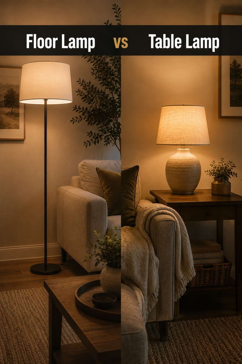 A modern floor lamp and a table lamp glowing side by side in a warmly lit living room, illustrating the floor lamp vs table lamp comparison.