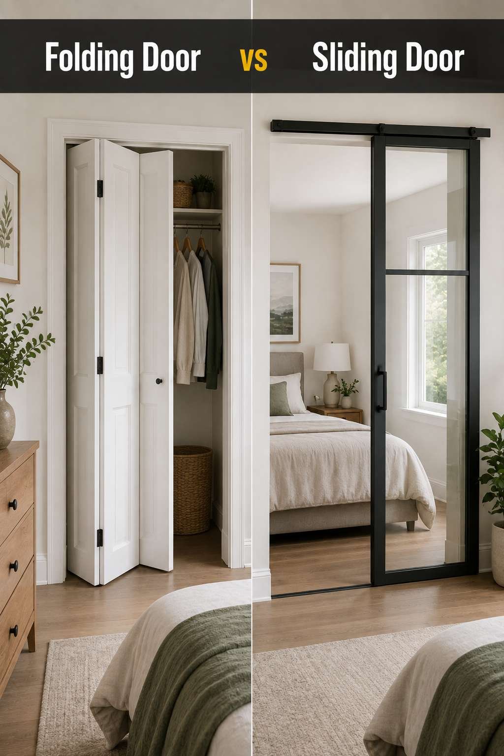 A split-screen comparison of a folding door and a sliding door installed in bright modern bedrooms, illustrating the folding door vs sliding door decision.