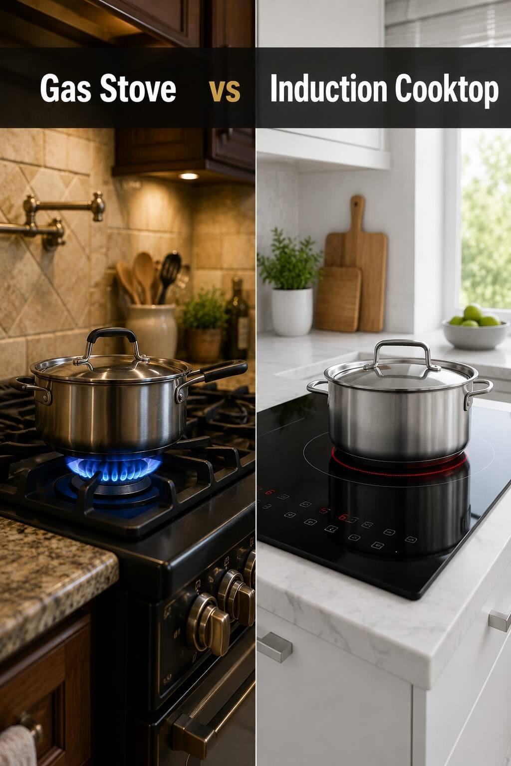 A split-screen image comparing a gas stove burner with an open flame on the left with a sleek black induction cooktop on the right, illustrating a gas stove vs induction cooktop comparison.