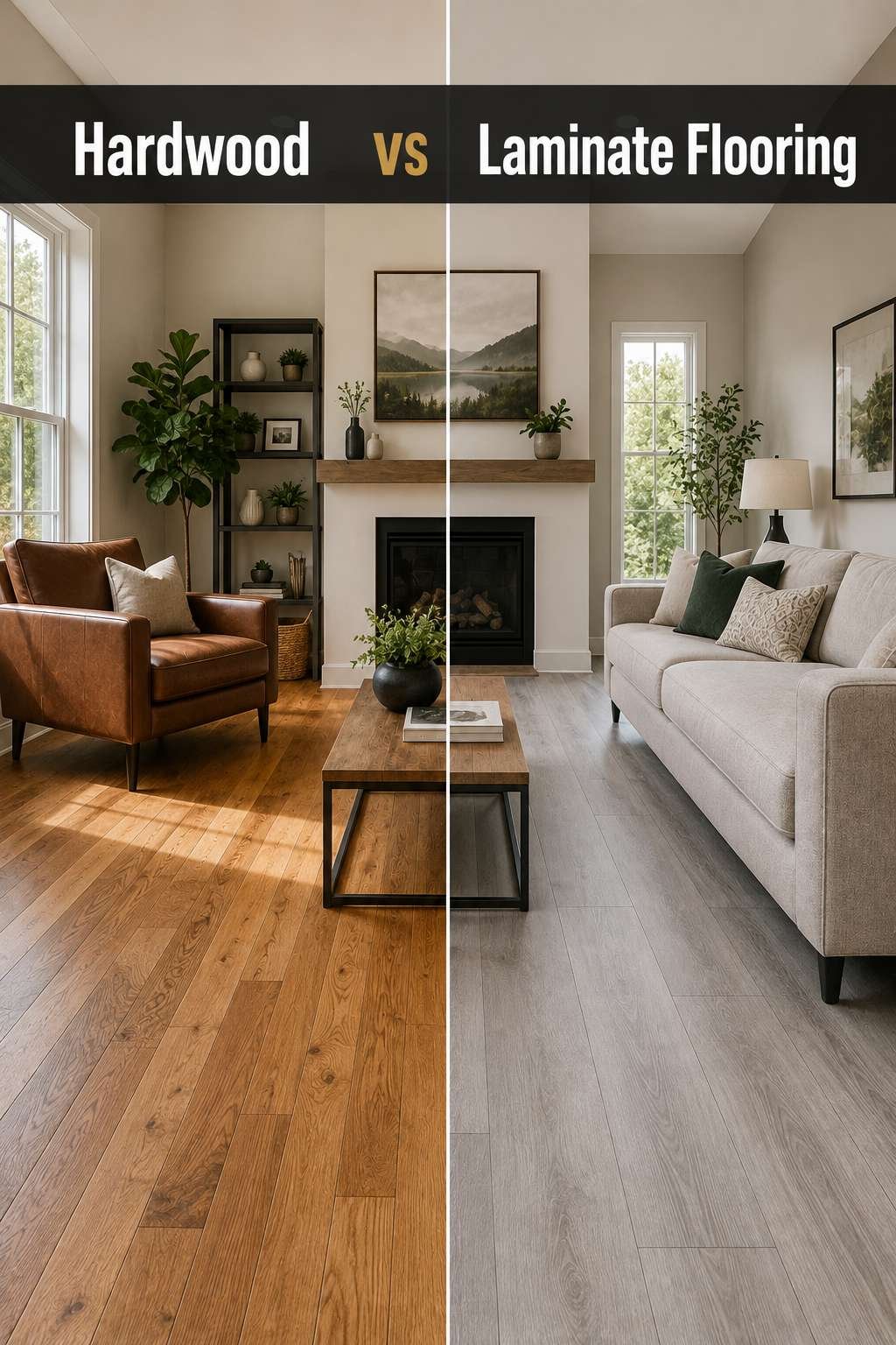 A split-screen comparison of a living room with warm hardwood flooring on one side and light gray laminate flooring on the other, illustrating the hardwood vs laminate flooring decision.