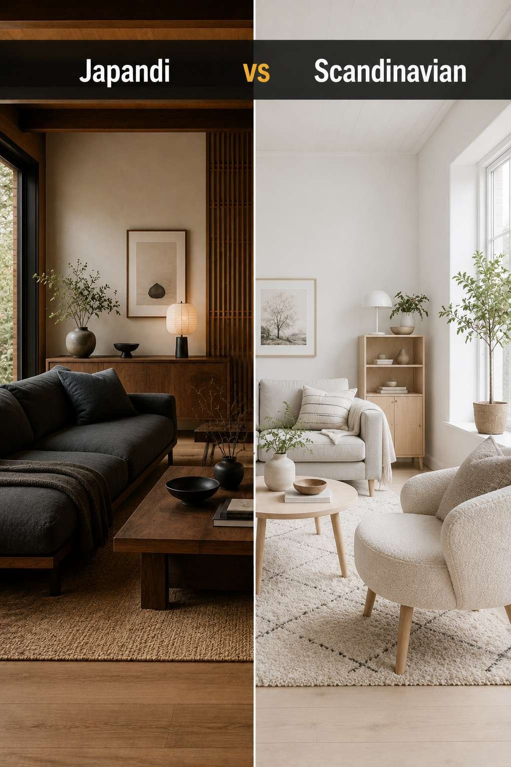 Split-screen comparison of a warm walnut-toned Japandi living room beside a bright white Scandinavian living room, illustrating the Japandi vs Scandinavian design difference.