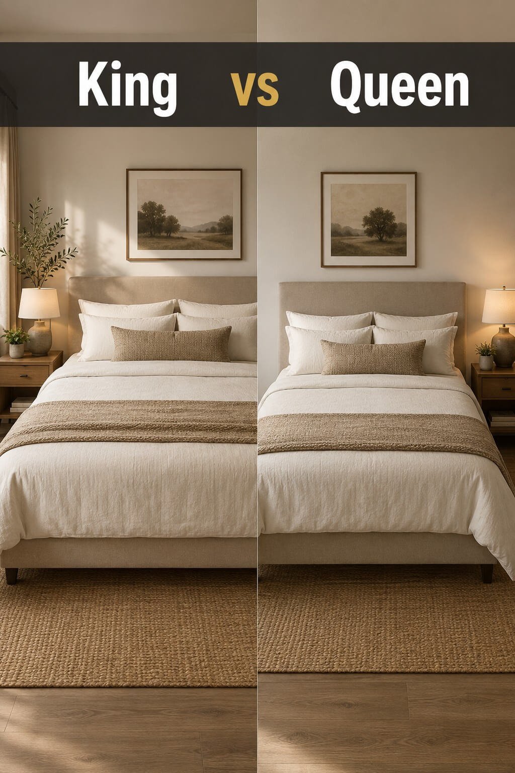 A king-size bed and a queen-size bed shown side by side in matching bedroom decor, illustrating the king vs queen bed size comparison.