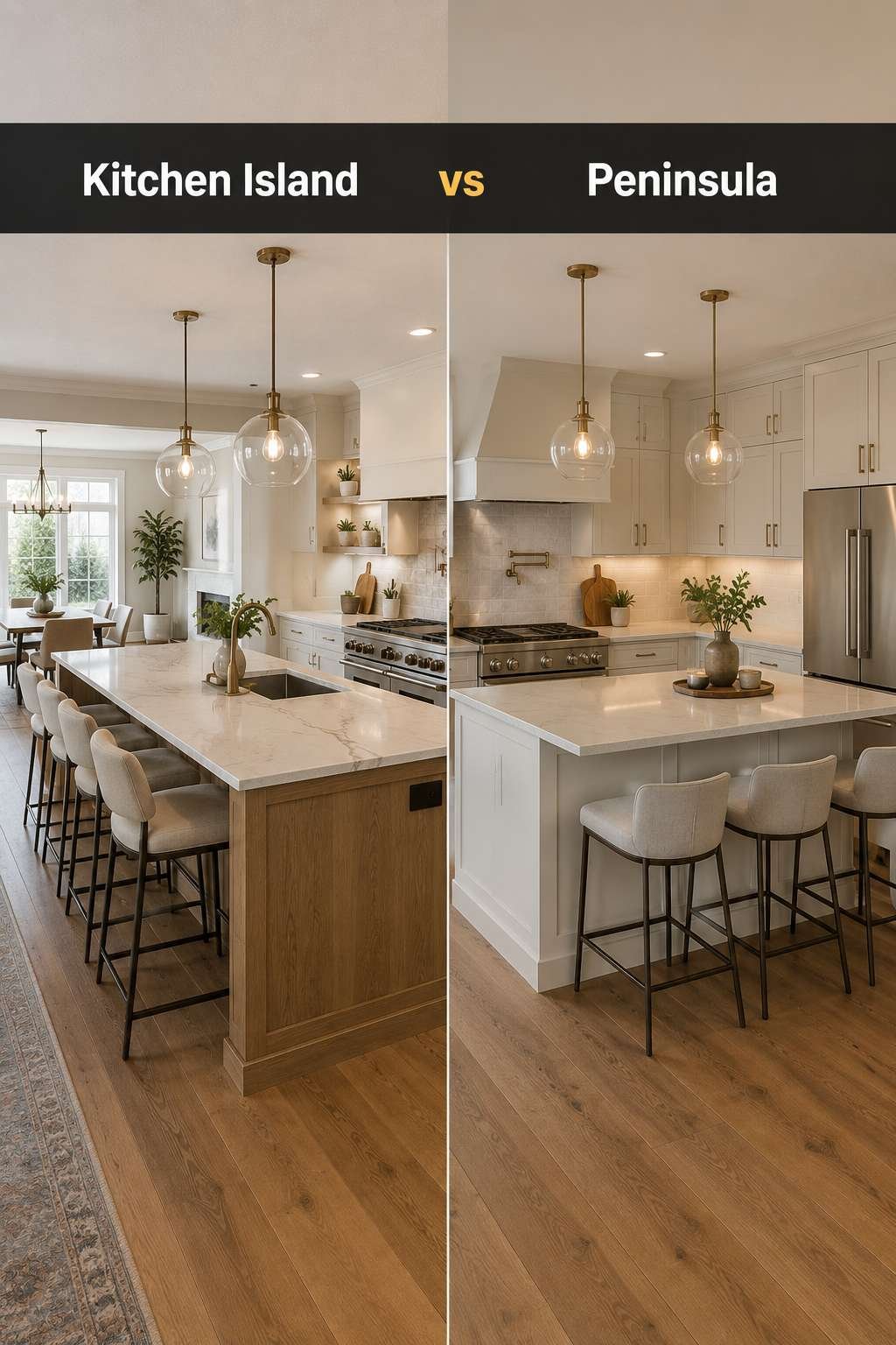 Split-screen comparison of a modern kitchen island on one side and a kitchen peninsula on the other, illustrating the kitchen island vs peninsula layout decision.