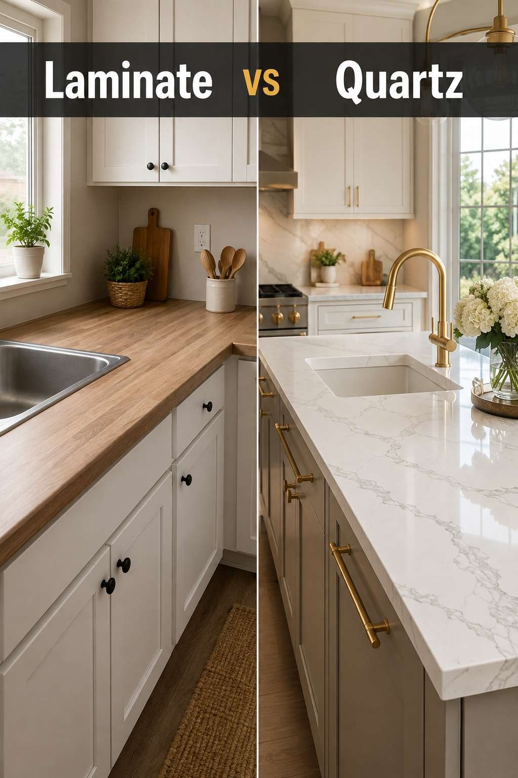 Side-by-side kitchen photo comparing a laminate countertop and a quartz countertop, illustrating the laminate vs quartz countertops decision.