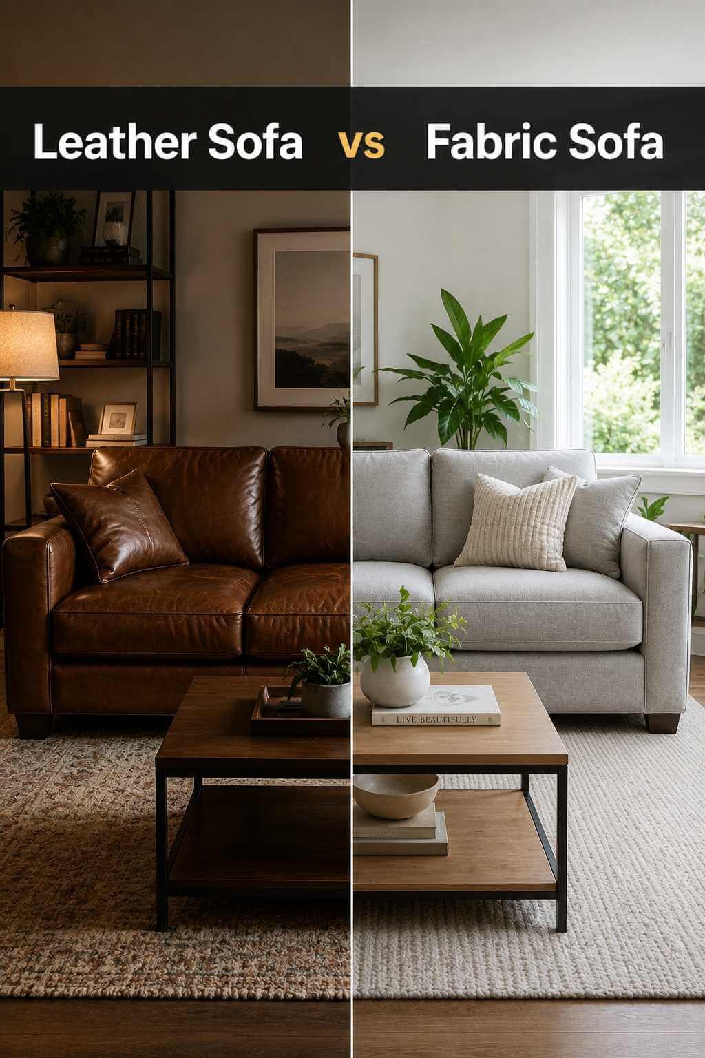 A side-by-side comparison image of a leather sofa and a fabric sofa in a modern living room, illustrating the leather sofa vs fabric sofa decision.