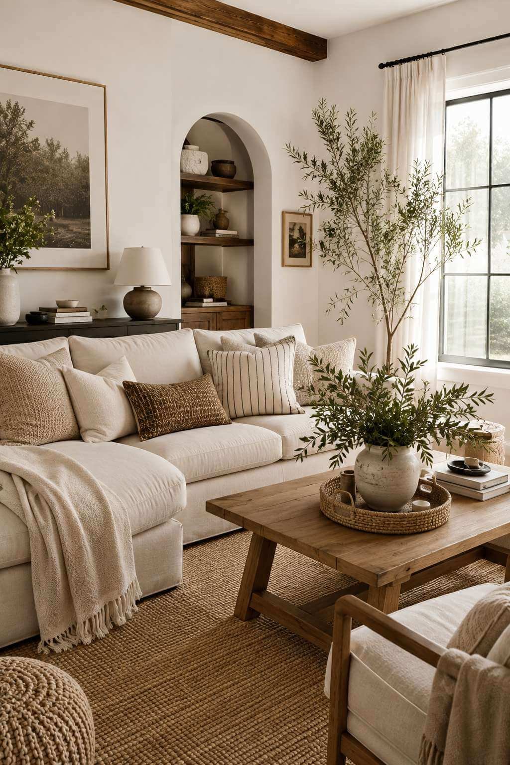 Bright neutral living room with a linen sofa, warm wood coffee table, layered textures, greenery, and soft natural window light in an elegant editorial interior style.
