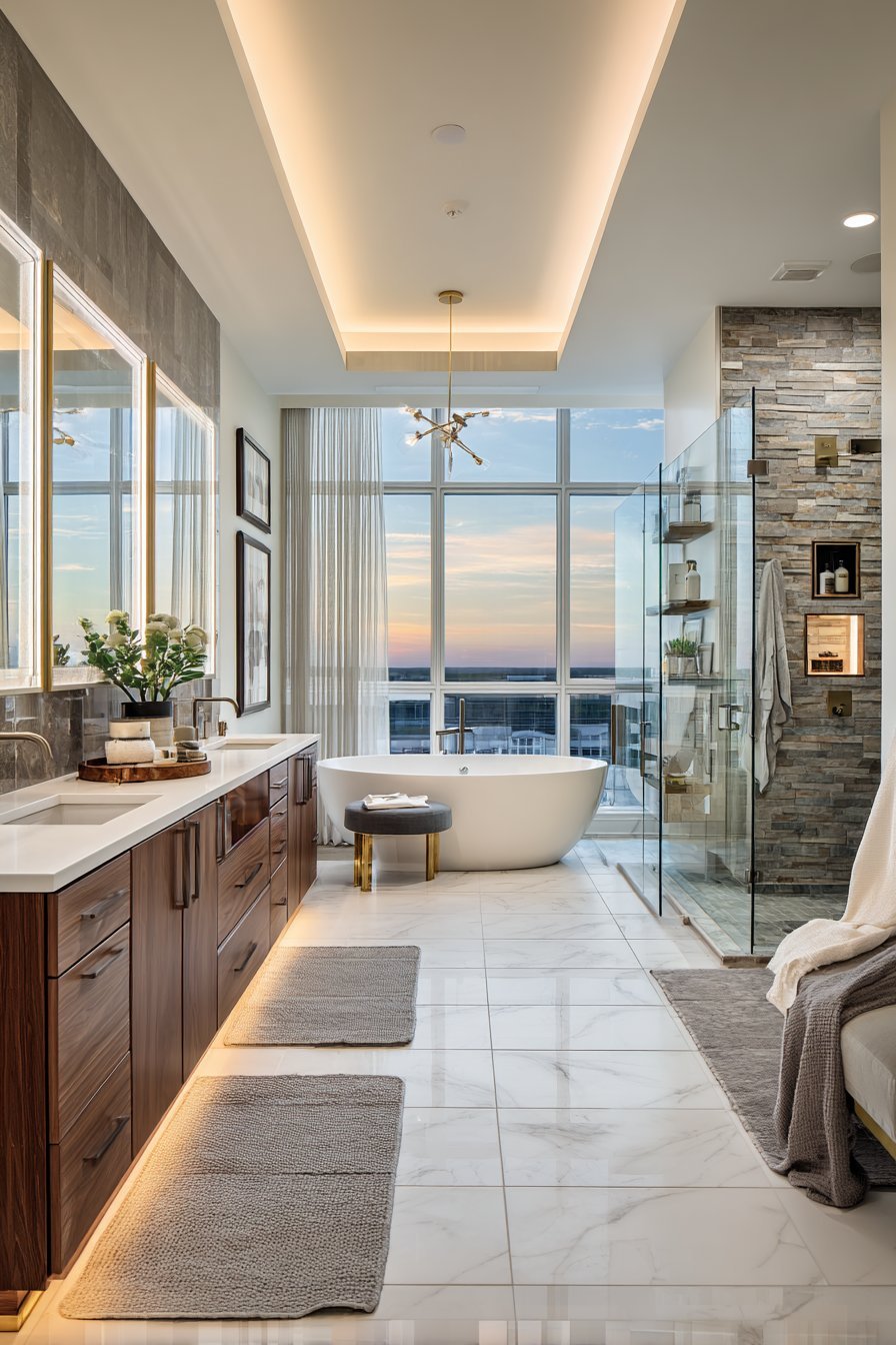 Spa-style master bathroom with oval soaking tub, walnut double vanity, glass shower and stacked stone accent wall