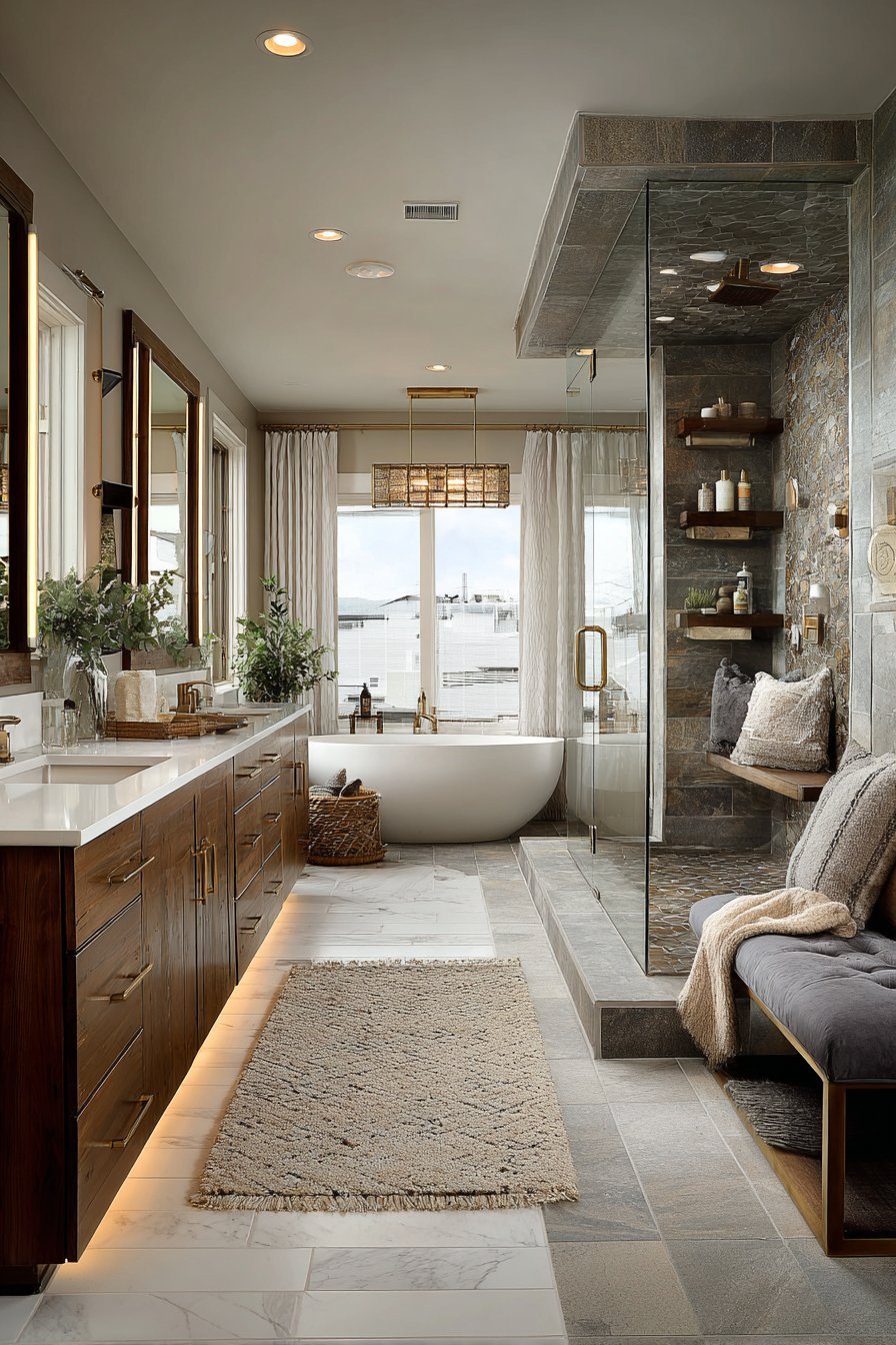 Spa-style master bathroom with oval soaking tub, walnut double vanity, glass shower and stacked stone accent wall