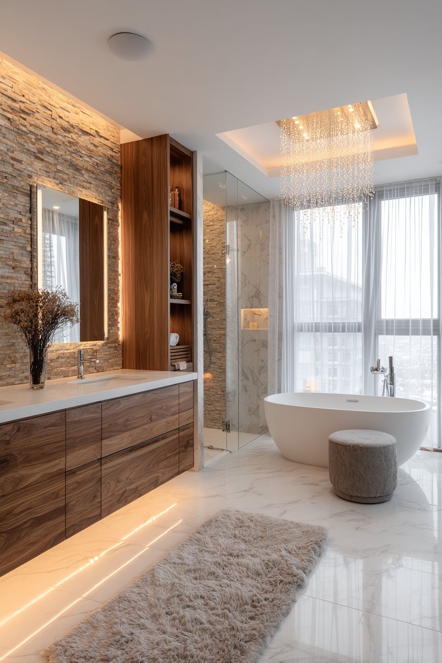 Spa-style master bathroom with oval soaking tub, walnut double vanity, glass shower and stacked stone accent wall