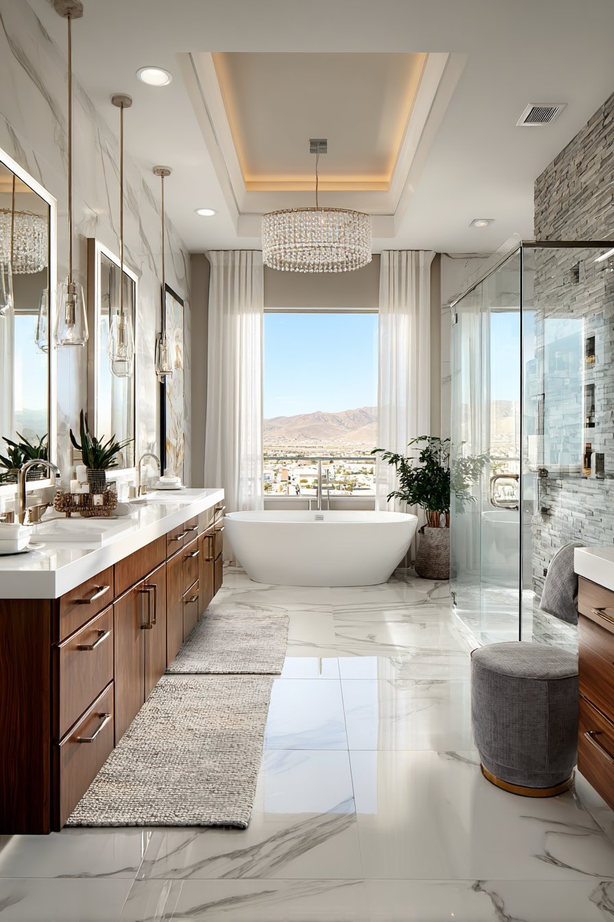 Spa-style master bathroom with oval soaking tub, walnut double vanity, glass shower and stacked stone accent wall