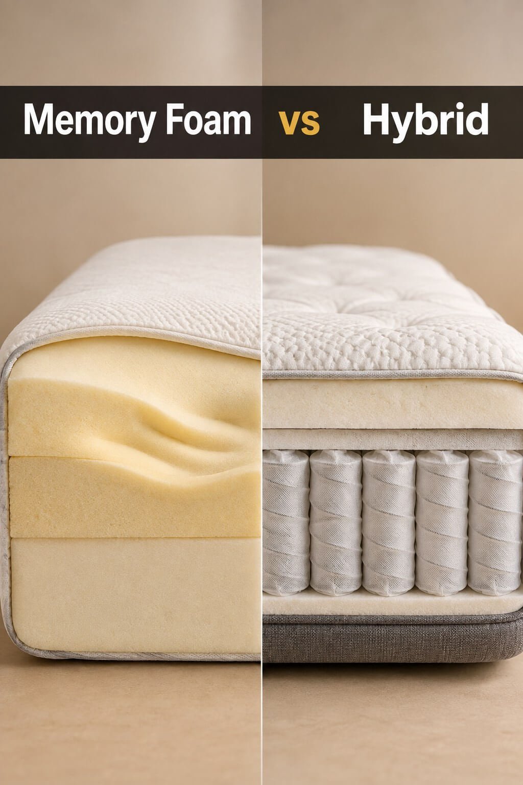 Cross-section comparison of a memory foam mattress and a hybrid mattress side by side, illustrating the memory foam vs hybrid mattress decision.