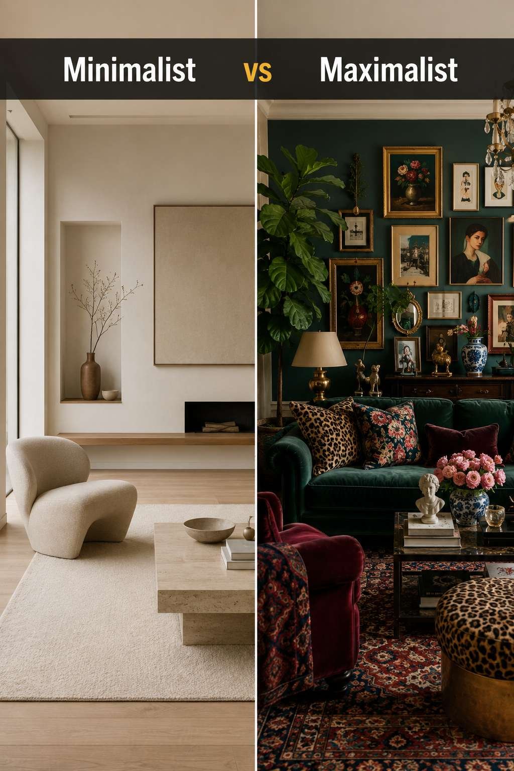 A split-screen comparison of a minimalist living room beside a maximalist living room, illustrating minimalist vs maximalist home decor styles.