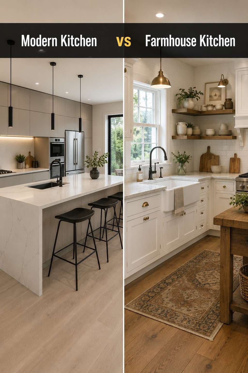 A split-screen comparison of a modern kitchen with flat-panel cabinets and quartz counters next to a farmhouse kitchen with an apron-front sink and open wood shelving.
