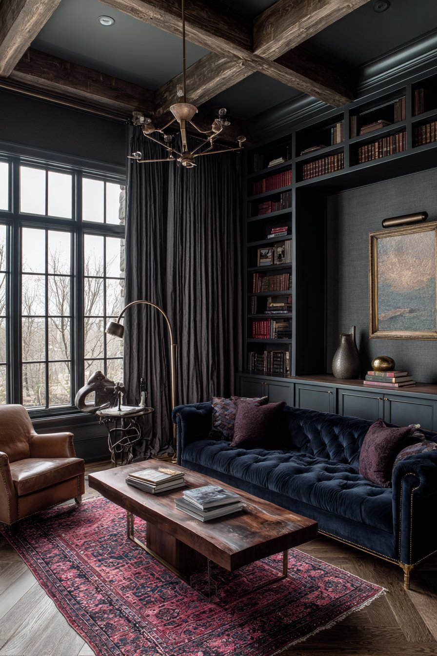 Moody living room with navy velvet sofa, green built-in bookshelves, cognac armchair and black steel windows