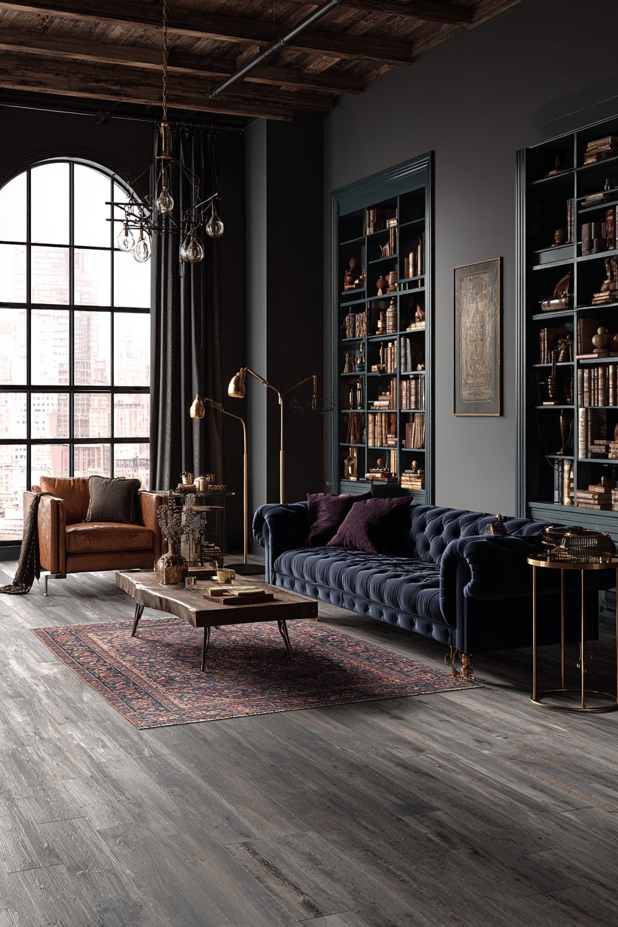 Moody living room with navy velvet sofa, green built-in bookshelves, cognac armchair and black steel windows