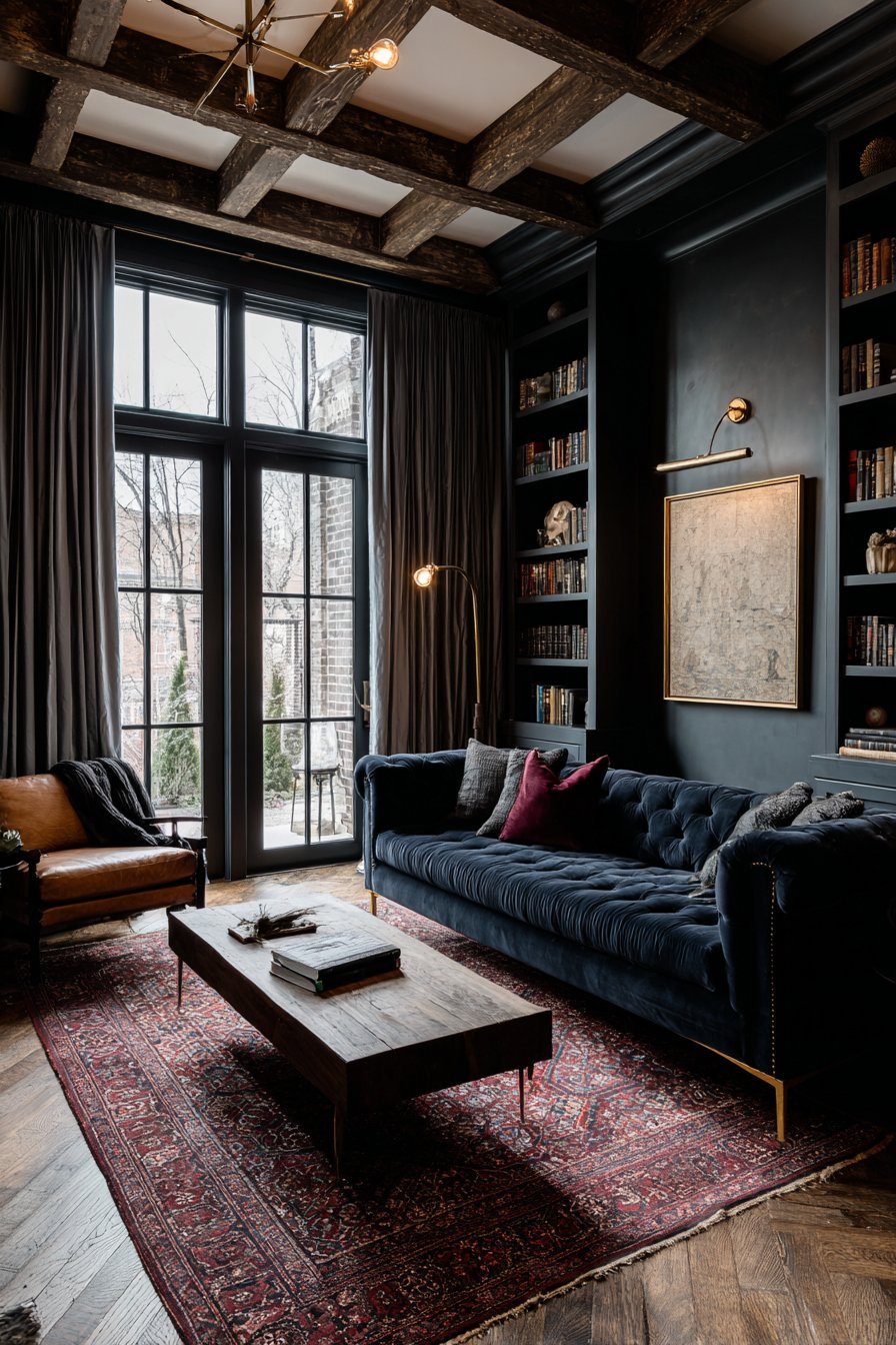 Moody living room with navy velvet sofa, green built-in bookshelves, cognac armchair and black steel windows