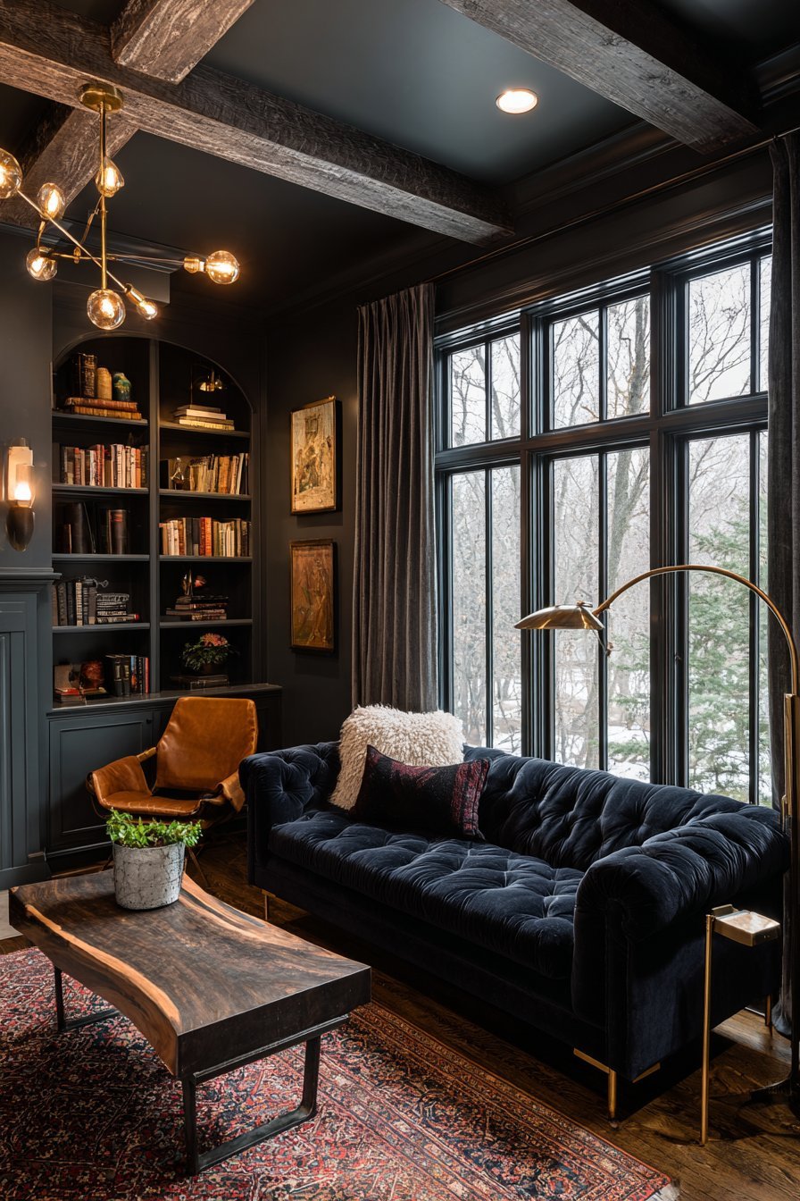 Moody living room with navy velvet sofa, green built-in bookshelves, cognac armchair and black steel windows
