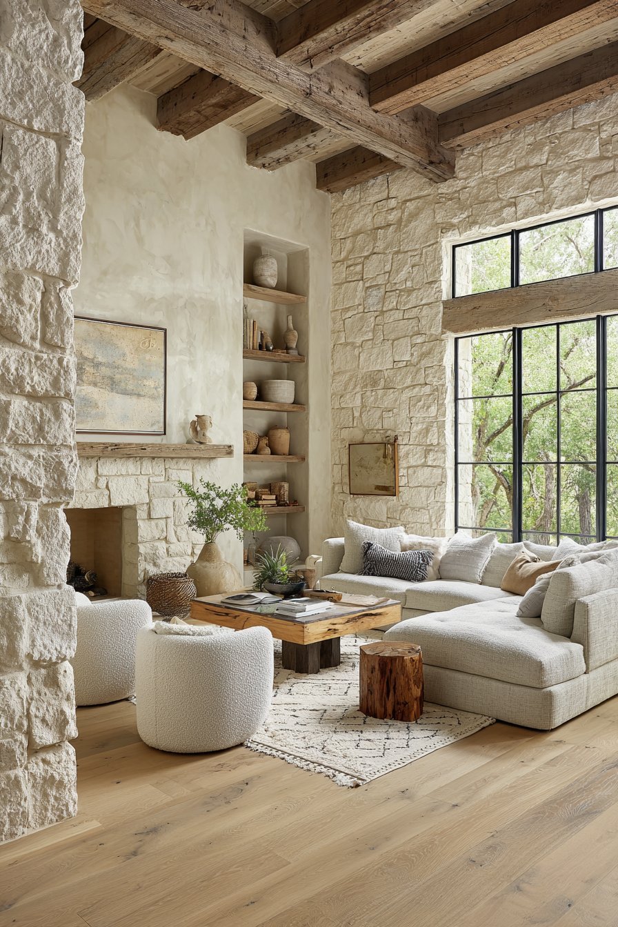 Neutral living room with greige linen sectional, live-edge walnut coffee table, limestone fireplace and plaster wall