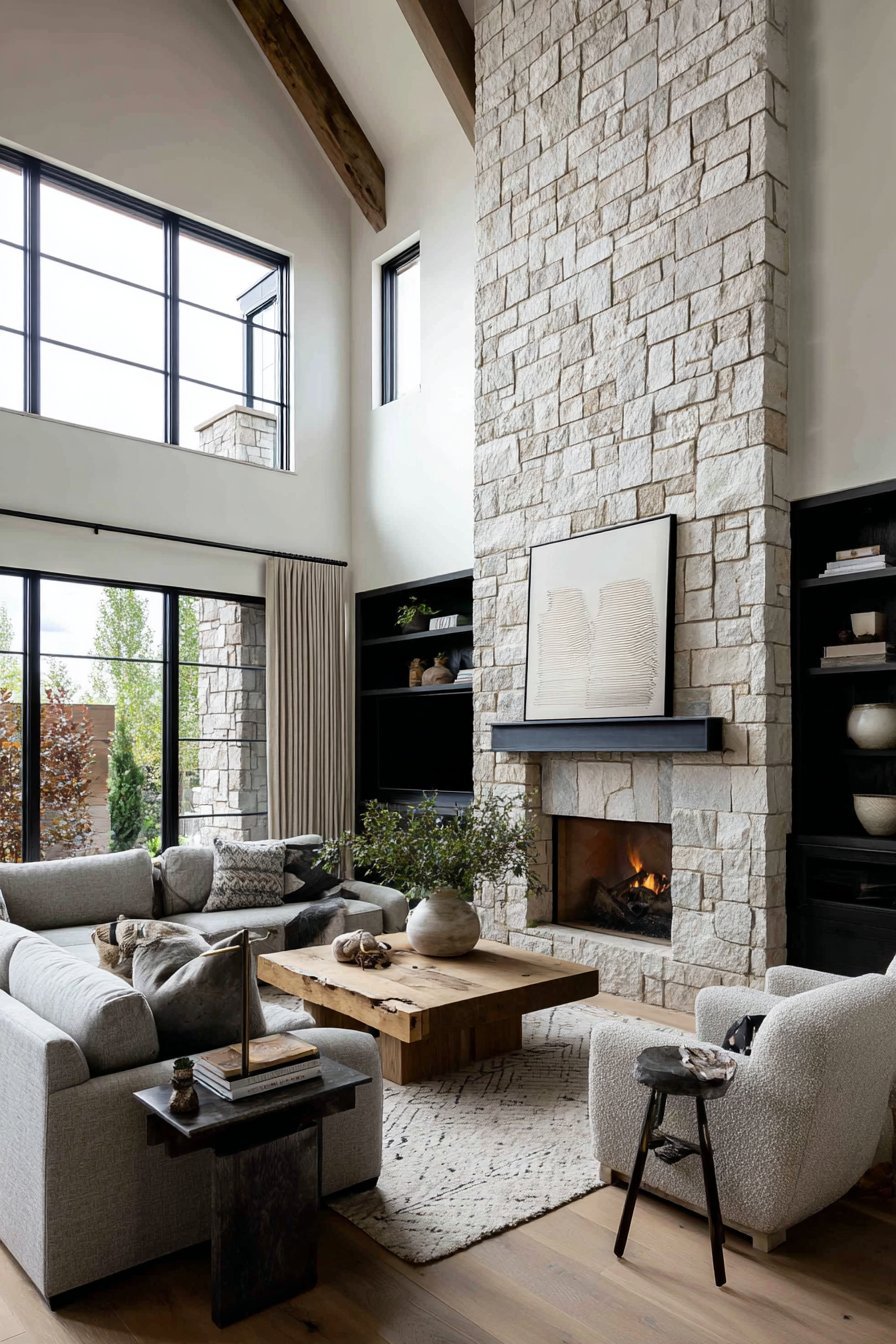 Neutral living room with greige linen sectional, live-edge walnut coffee table, limestone fireplace and plaster wall