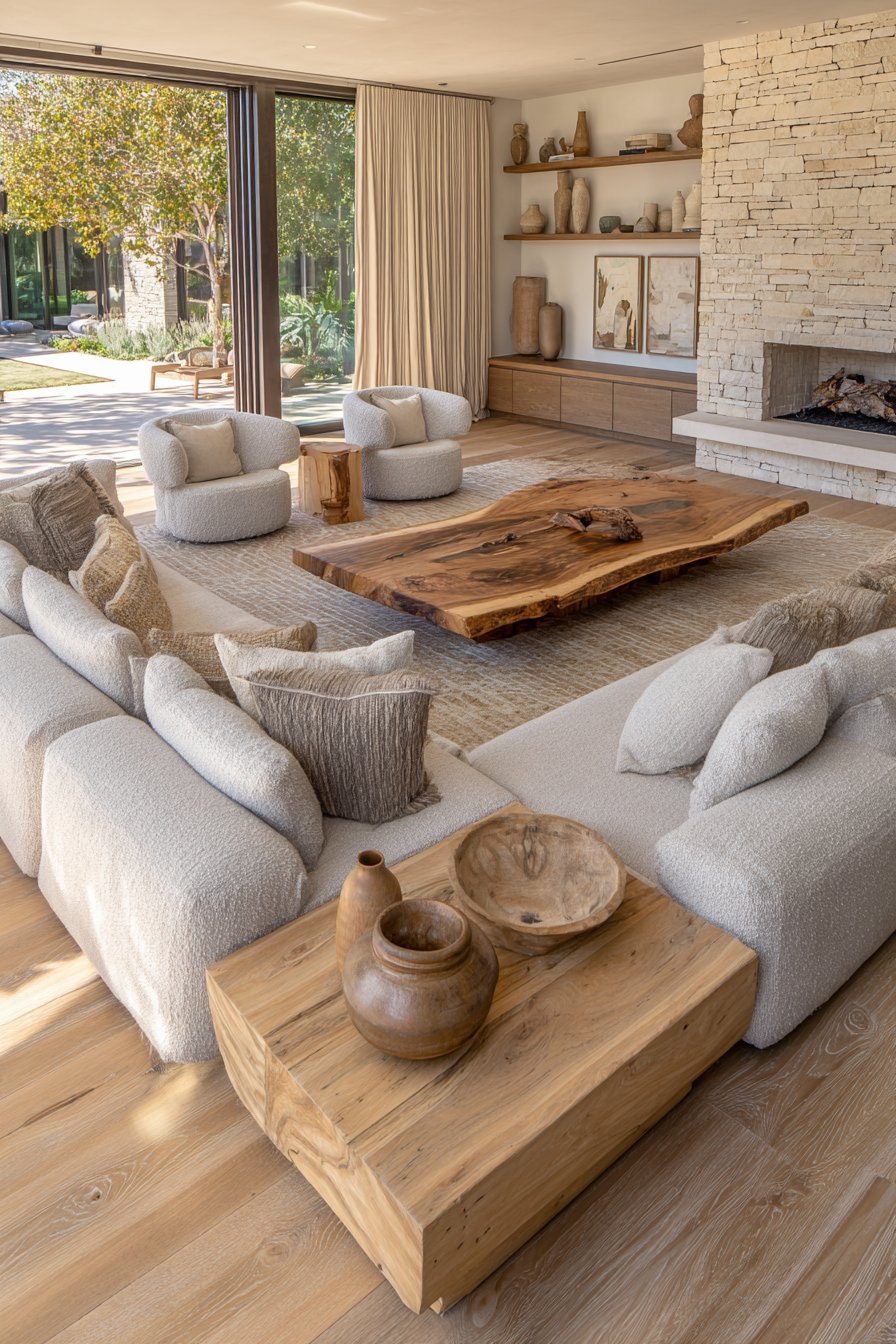 Neutral living room with greige linen sectional, live-edge walnut coffee table, limestone fireplace and plaster wall