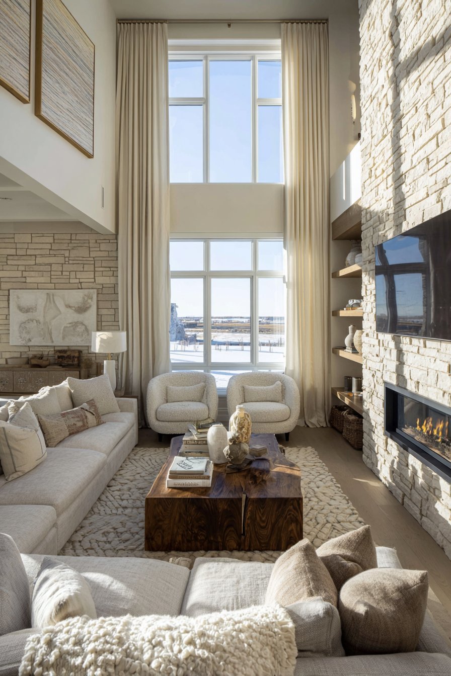 Neutral living room with greige linen sectional, live-edge walnut coffee table, limestone fireplace and plaster wall