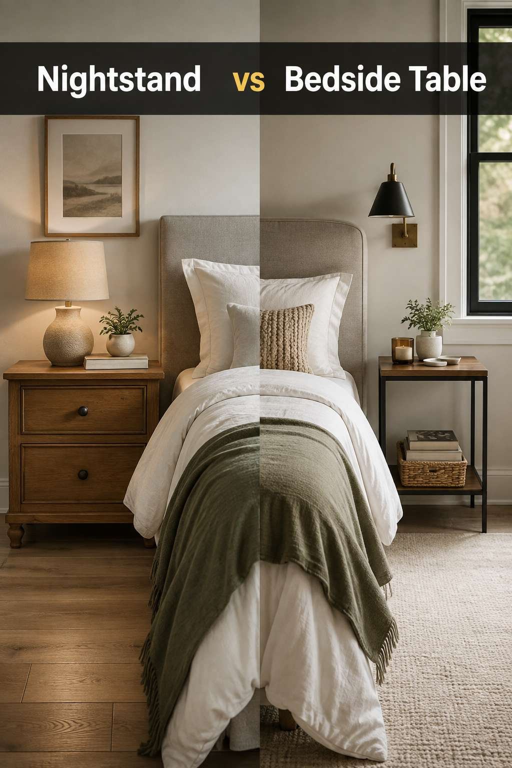 A styled bedroom comparing a wooden nightstand with drawers on one side to a slim open bedside table on the other, illustrating the nightstand vs bedside table difference.